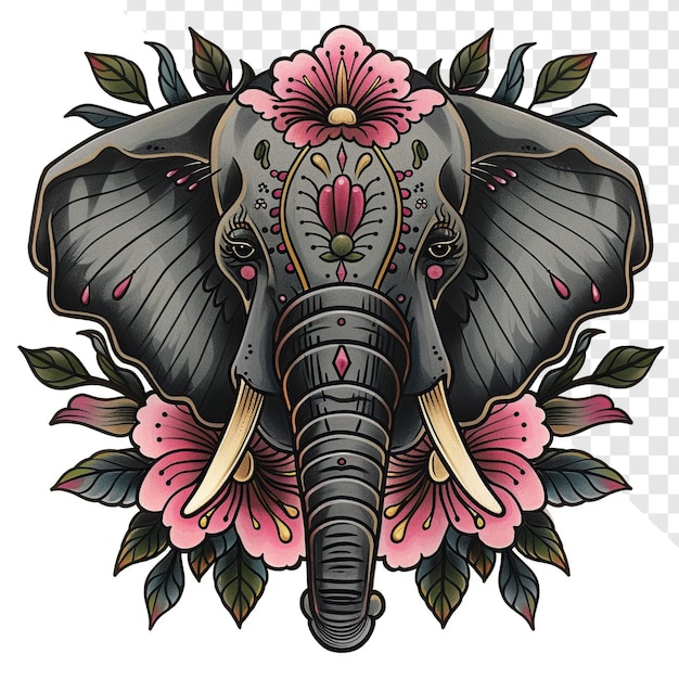 PSD cartoon de tatouage d'éléphant symétrique rose néo traditionnel avec fond transparent