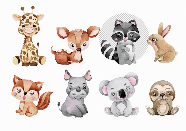 PSD cartoon-tier-aquarell-illustration mit giraffen-hirsch-waschbär-kaninchen-maulwurf-koala-nashorn-fuchs