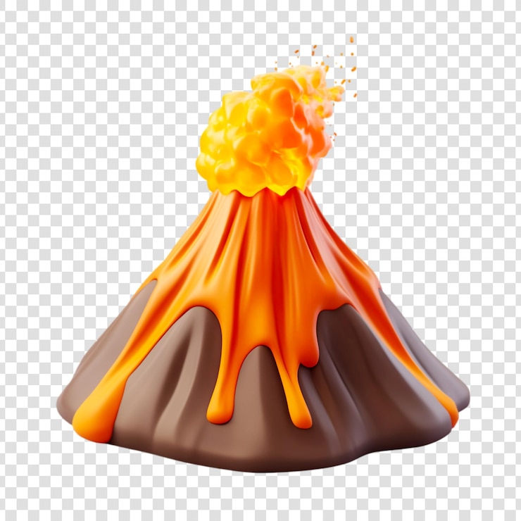 PSD cartoon volcano erupting hot orange lava flowing down sides a 3d render on transparent background