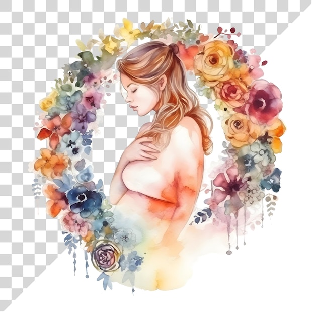 PSD cartoon-wasserfarbe schwangere frau mit bunter farbe auf einem transparenten hintergrund