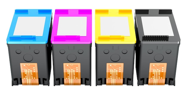 Cartuchos de inyección de tinta de colores concepto CMYK renderización 3D aislado en un fondo transparente