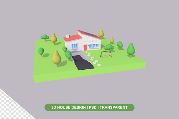 Casa 3D con jardín verde