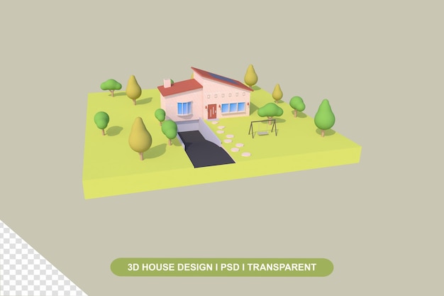 Casa 3D con jardín verde