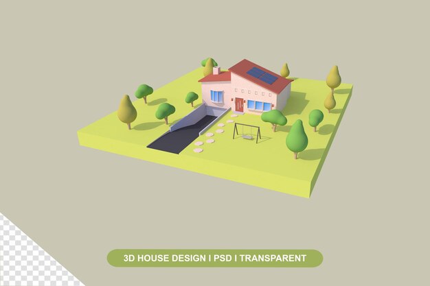 Casa 3D con jardín verde