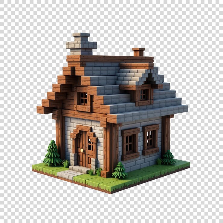 PSD casa al estilo minecraft en un fondo transparente