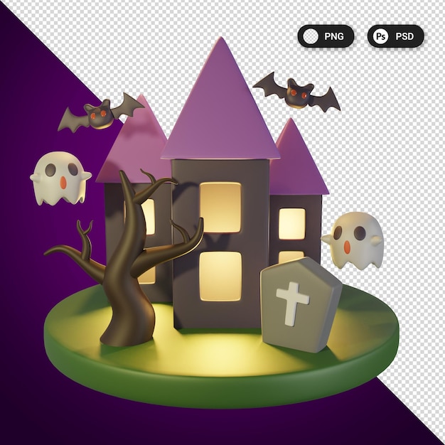 PSD casa assombrada conjunto de ícones de halloween renderização 3d