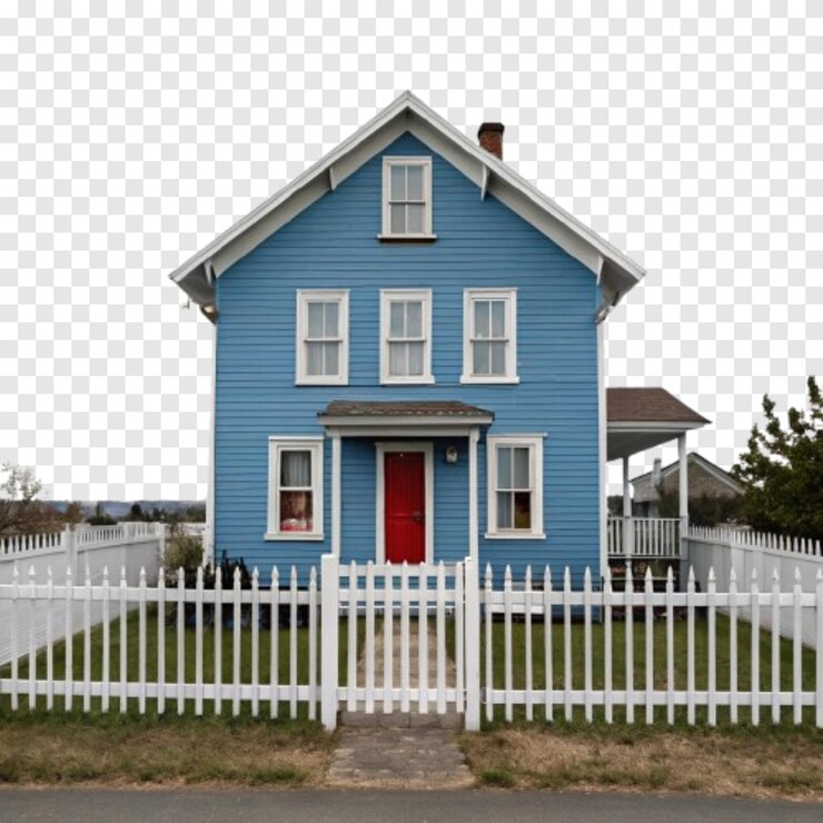 PSD casa azul com cerca branca e árvore isolada em fundo branco transparente e