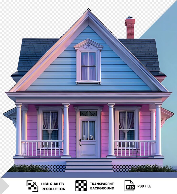 PSD casa de bacalao del cabo con acentos rosados con una chimenea de ladrillo rojo puerta blanca y púrpura y cortina blanca puesta contra un cielo azul con un arbusto verde en primer plano png