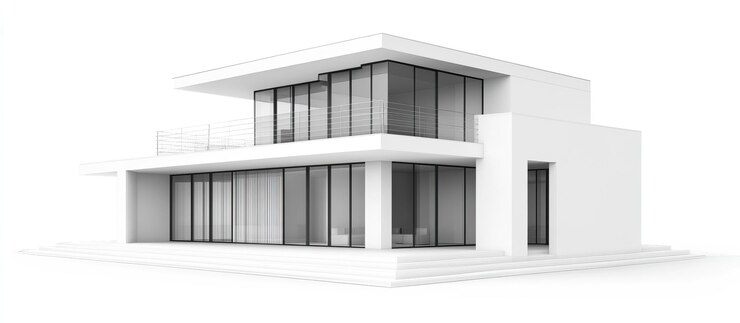 PSD casa blanca moderna con grandes ventanas y balcón