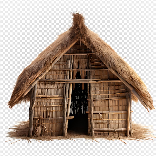 Casa de cabaña tradicional con techo de paja aislada en un fondo transparente