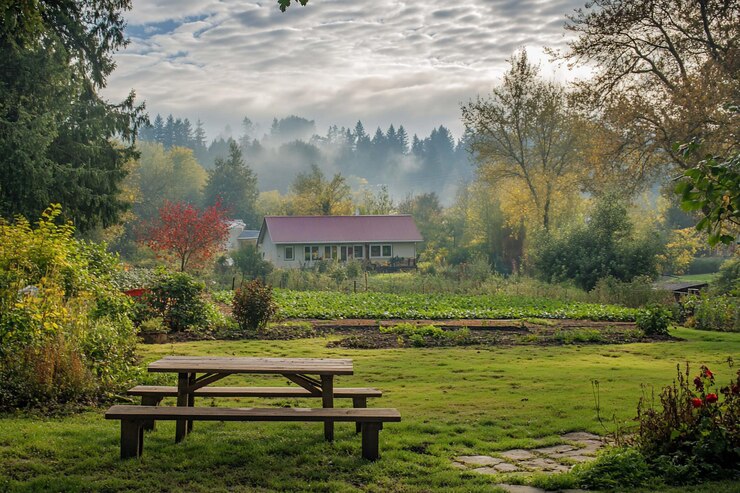 PSD casa de campo rústica enclavada en un paisaje de otoño brumoso con una mesa de picnic en un jardín vibrante