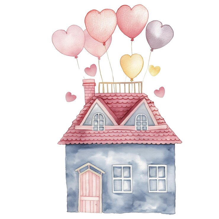 PSD casa de aquarela caprichosa flutuando com balões de coração em ilustração de céu de sonho