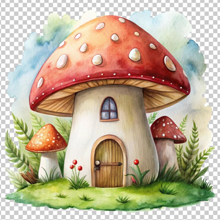 casa de cogumelos aquarela em fundo transparente