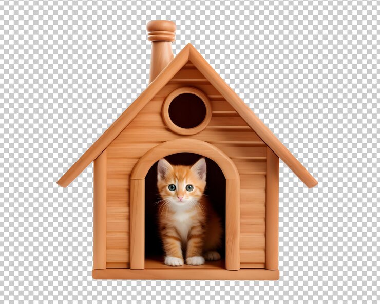 PSD casa de gato de madeira com recorte de gato png isolado em um fundo transparente