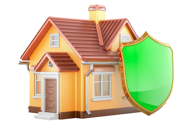 Casa con escudo Concepto de seguridad y protección Rendering 3D aislado en fondo transparente