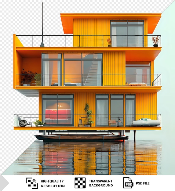 Casa flotante con exterior naranja y amarillo rodeada de agua tranquila y cielo azul con grandes ventanas de vidrio y una silla negra png psd