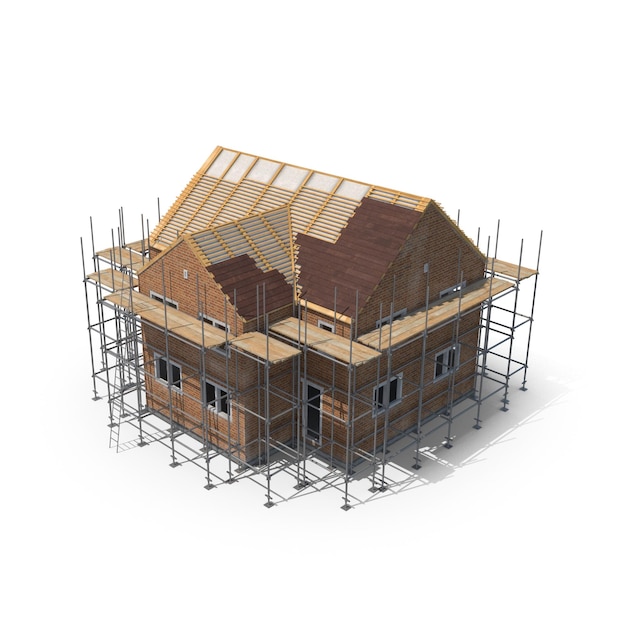 Casa in costruzione con impalcature e mattoni visibili