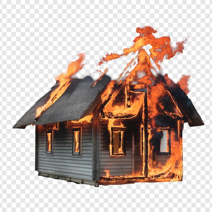 PSD casa in fiamme isolata su uno sfondo trasparente