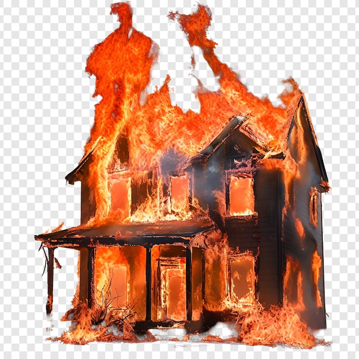 PSD casa in fiamme isolata su uno sfondo trasparente