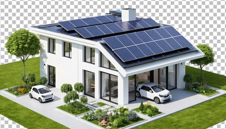 PSD casa inteligente con paneles solares y un techo de jardín diseño arquitectónico ecológico