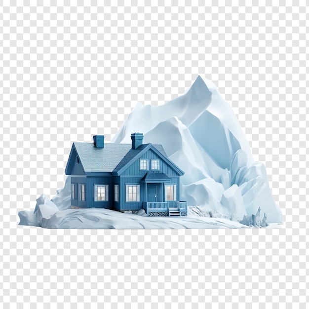 PSD una casa de juguetes en un glaciar con un roo azul aislado en un fondo transparente