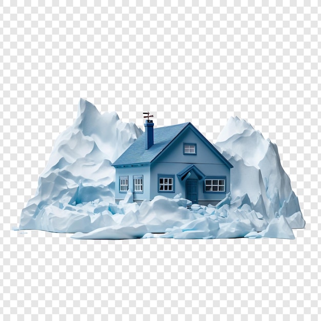 PSD una casa de juguetes en un glaciar con un roo azul aislado en un fondo transparente