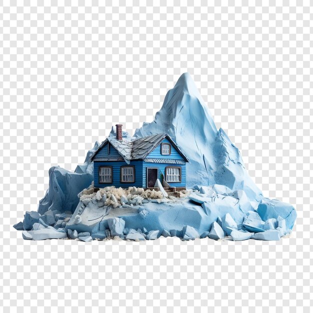 PSD una casa de juguetes en un glaciar con un roo azul aislado en un fondo transparente