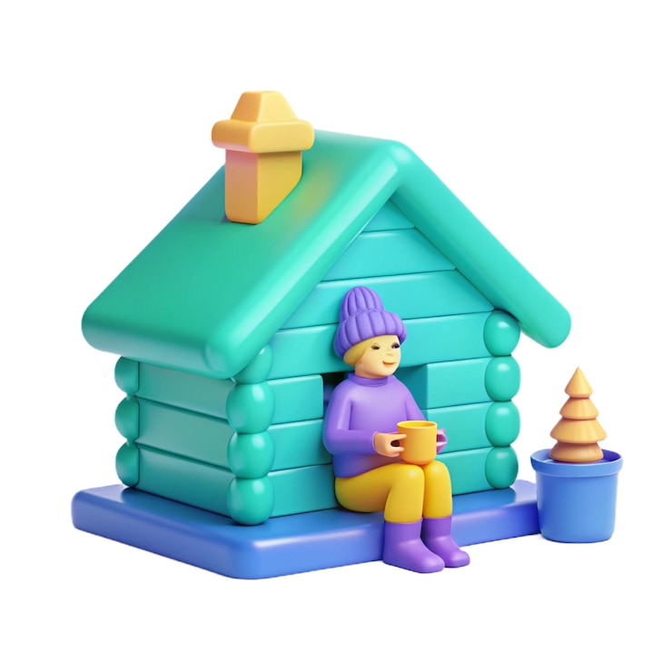 PSD una casa de juguetes con un techo azul y una casa azul con una muñeca sentada delante de ella