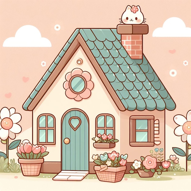 Casa linda con ilustración de flores
