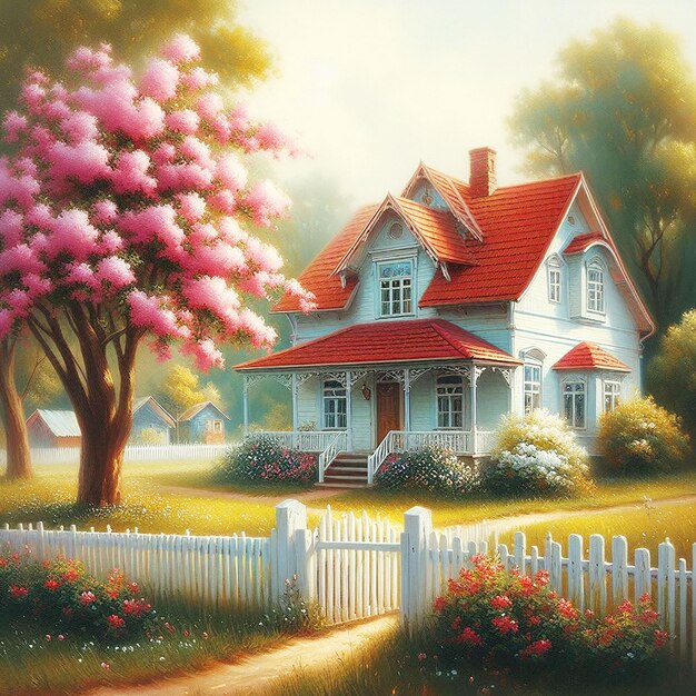 Casa linda con ilustración de flores