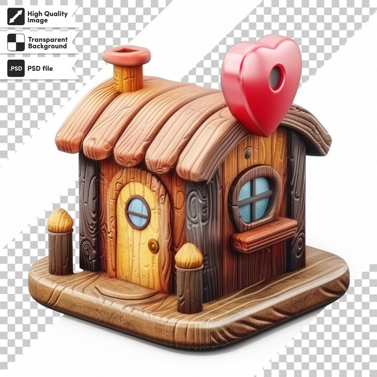 PSD una casa de madera con un corazón en el frente y la palabra amor en el lado