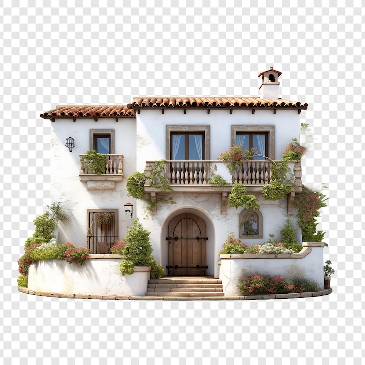 PSD casa mediterrânea isolada em fundo transparente