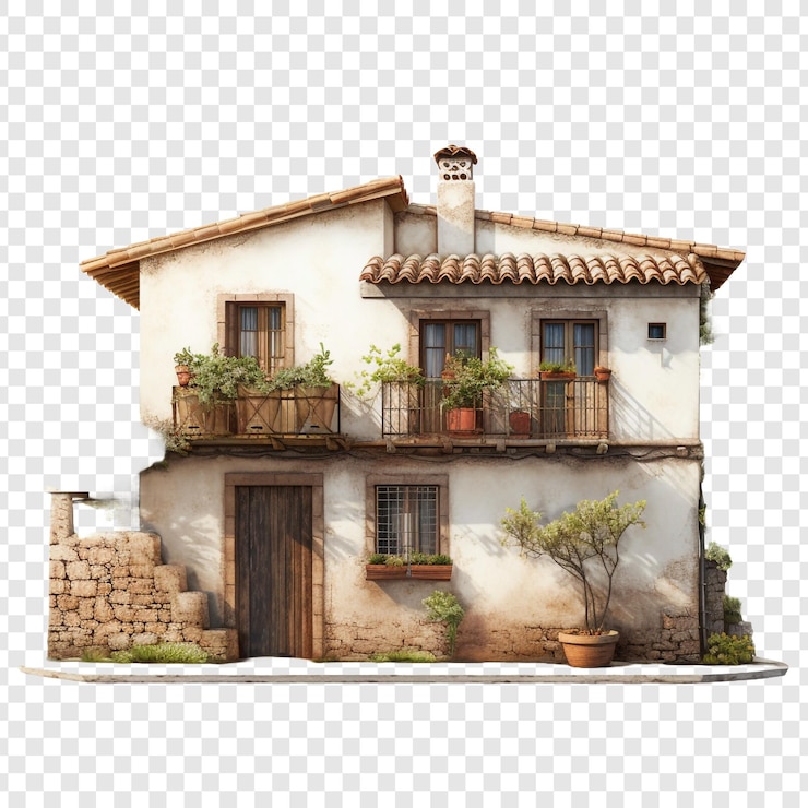 PSD casa mediterrânea isolada em fundo transparente