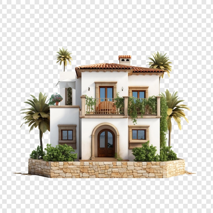 PSD casa mediterrânea isolada em fundo transparente