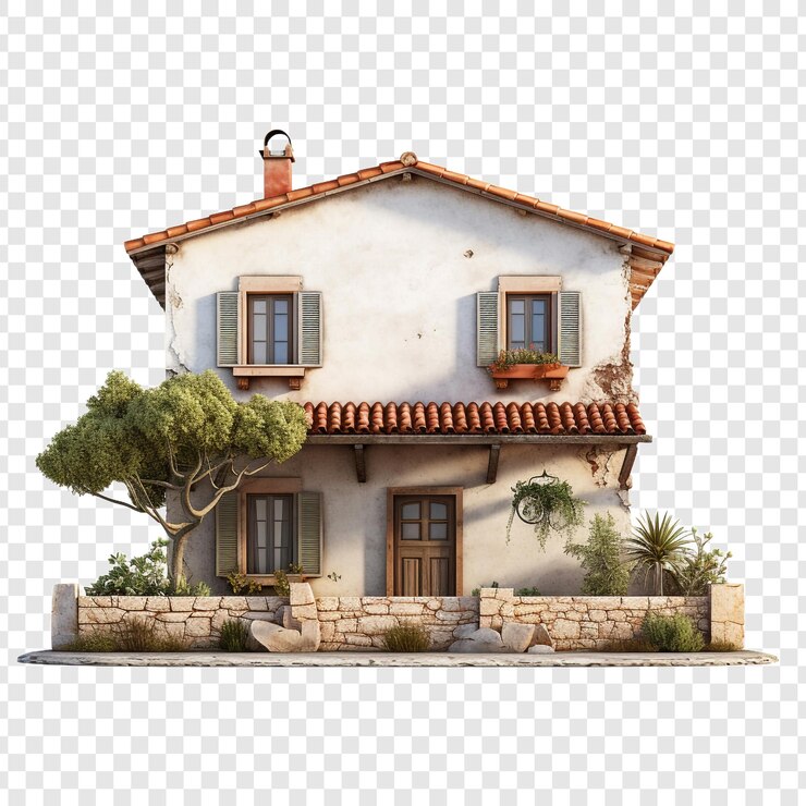 PSD casa mediterrânea isolada em fundo transparente