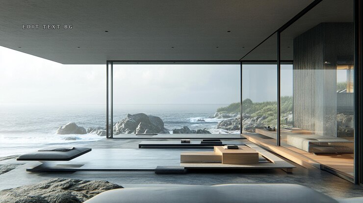 PSD casa minimalista moderna com vista para o oceano, com grandes janelas de vidro, móveis de madeira e uma atmosfera tranquila