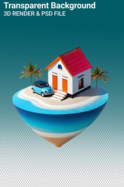 Una casa modelo en una playa con palmeras y un coche estacionado en la playa