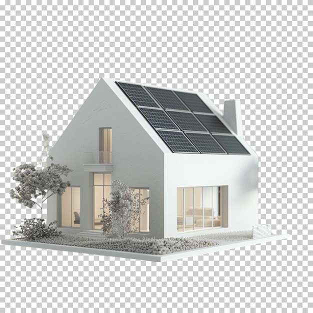 PSD casa moderna en 3d con paneles solares, paneles de techo en blanco y negro aislados sobre un fondo transparente
