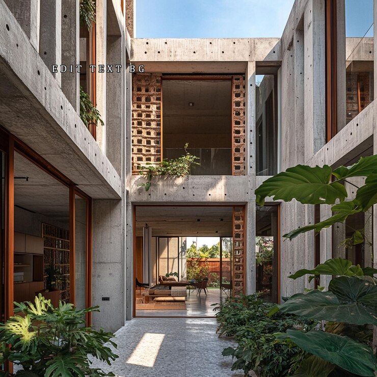 PSD casa moderna de concreto com plantas de pátio interior e sotaques de madeira