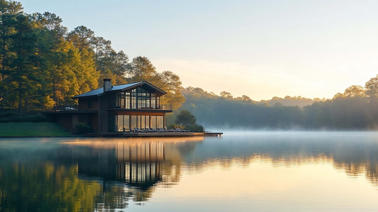 PSD casa moderna de luxo em um lago sereno ao nascer do sol aninhada em meio a uma floresta tranquila