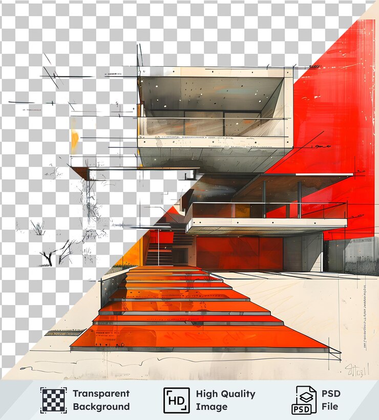 PSD casa moderna con escalones rojos imagen arquitectónica transparente