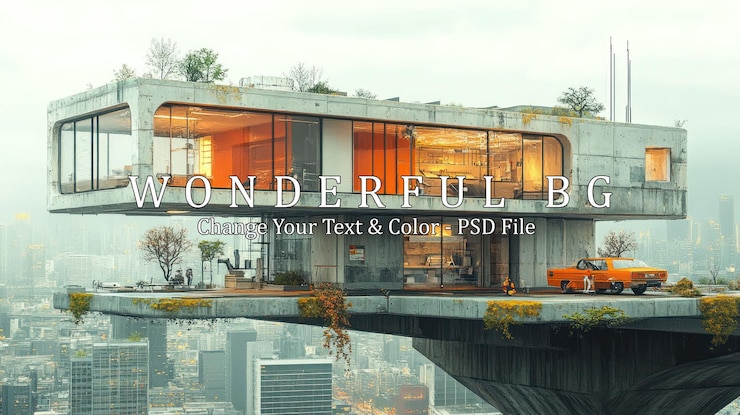PSD una casa moderna futurista con una terraza en la azotea con vistas a una ciudad la casa tiene grandes ventanas paredes de hormigón y un diseño elegante un coche naranja vintage se sienta en la entrada