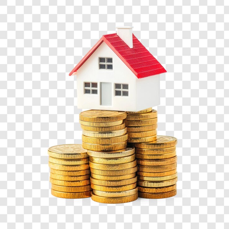 PSD casa moderna en miniatura en pila de monedas de oro aisladas sobre un fondo transparente