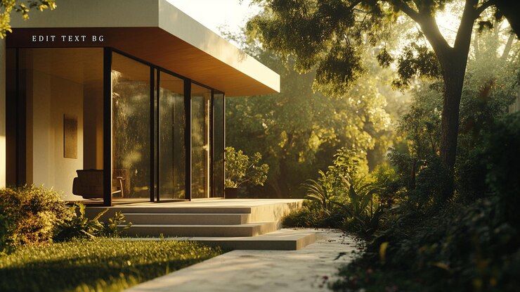 PSD casa moderna con paredes de vidrio y jardín iluminado por el sol