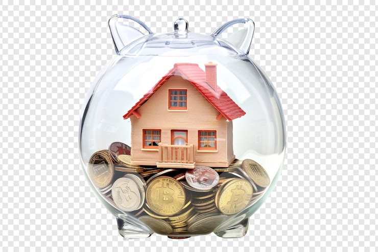 PSD casa y monedas en el interior aisladas sobre un fondo transparente