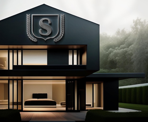 PSD casa negra con plantilla de maqueta de logo 3d