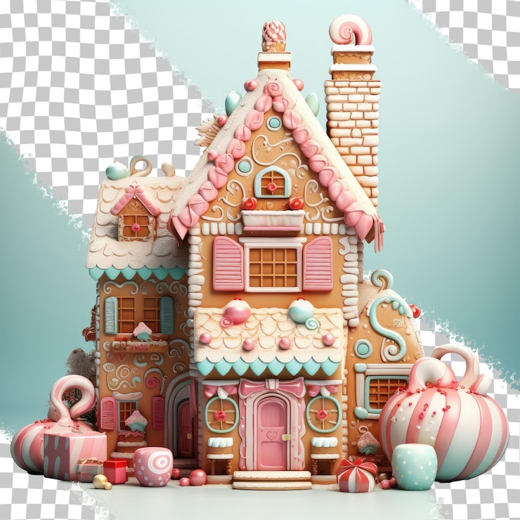PSD casa de pan de jengibre de navidad y regalos en un lugar remoto con fondo transparente