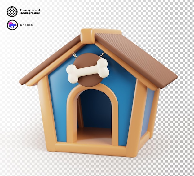Casa para perros o caja para mascotas 3d render Cabaña de perrera de madera para cachorro Cabaña para perros azul lindo con techo de madera entrada arqueada y hueso para patio trasero y refugio de animales Icono de renderizado aislado de dibujos animados