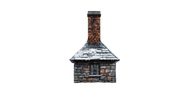 PSD casa de piedra con techo cubierto de nieve y chimenea de ladrillo aislada sobre un fondo transparente