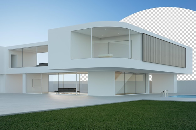 Casa con piscina cerca del patio de suelo de hierba vacío renderización 3D del césped verde en el hogar moderno